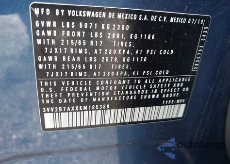 2019 Volkswagen Tiguan 2.0T Se/2.0T Sel/2.0T Sel R-Line/2.0T Sel R-Line Black z USA, uszkodzony, nr VIN 3VV2B7AXXKM185389